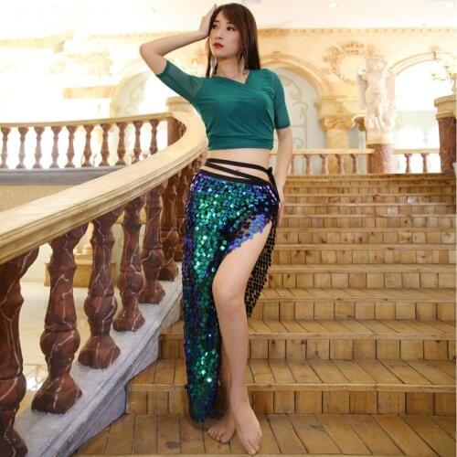 2 PCS/SET Bollywood Sexy Mermaid Sequins Belly Dance Costumes Oriental Belly Dance Long Hip Scarf+Top Bellydance Costume