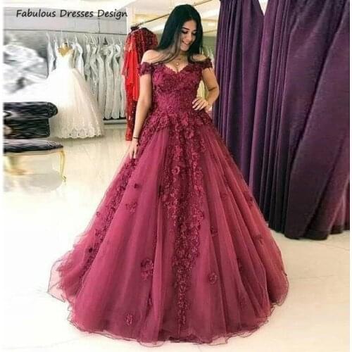 Burgundy Off Shoulder Prom Dresses Long Tulle Ball Gown فساتين السهرة Applique Lace 2021 Evening Dress Party For Women