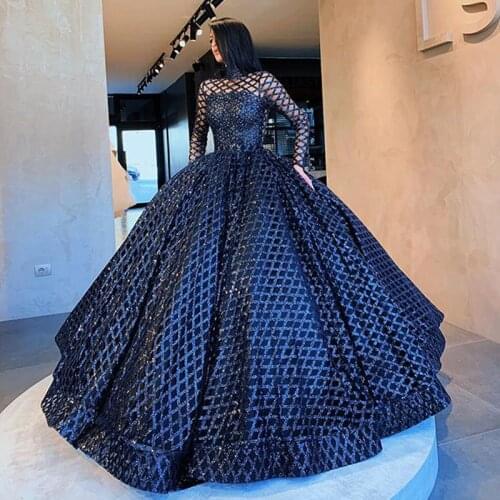 Arabic Style Black Long Evening Dresses 2020 Glitter Sequin High Neck Ball Gown Long Sleeve Women Formal Gowns Abendkleider