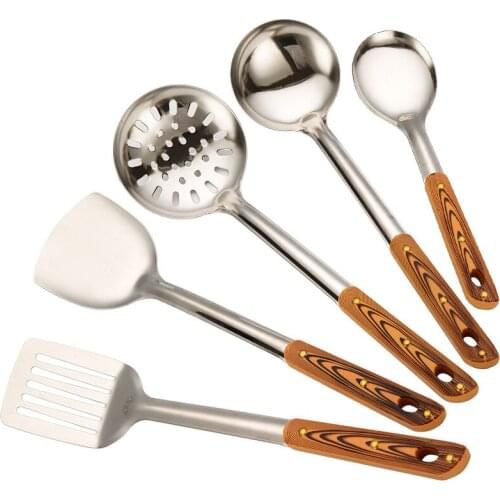 Two-Size Stainless Steel Kitchenware Cooking Utensils Wooden Handle Scoop Spoon Colander Frying Spatula Household Gadget