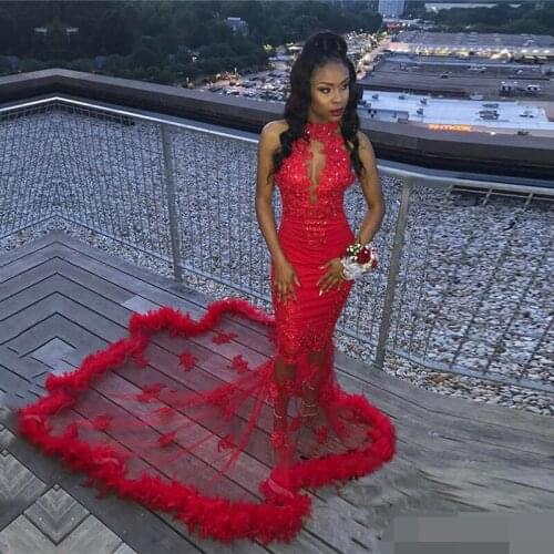 Eightale Feather Prom Dresses 2020 Halter Appliques Custom Made Mermaid Evening Dress Sexy Red Long Train Party Gowns