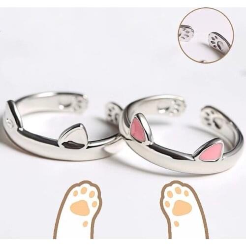 Cat Ear Ring Dog Claw Paw Cute Adjustable Black Pink Silver Color Enamel Fashion Simple Dainty Animal Jewelry Wholesale