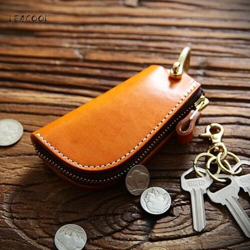 LEACOOL Cowhide Key Wallet Vintage Keychain Genuine Leather Housekeeper Key Pocket Portable Handmade Organizer Car Key Holder