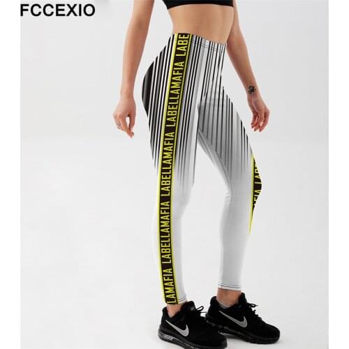 FCCEXIO New Style Autumn Women Push Up Skinny Stripe Pattern Print Leggings Outdoor Sportswear Fitness Elastic Force Legging