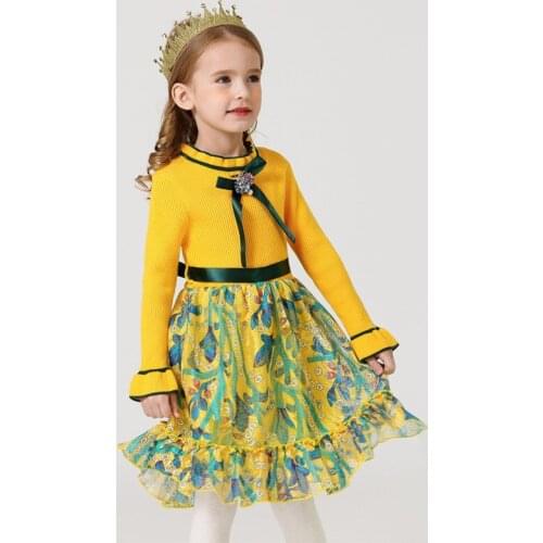 2020 New Autumn Sweater Stitching Bow Dress Yellow Green Child Princess Dress Girls Clothes Topics For Girls 12 Years Old