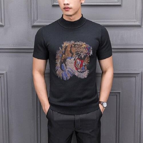 Fall Comfortable And Breathable Hot Drilling Tiger Head Mens Pullover Short Sweater Knitting Half Sleeve