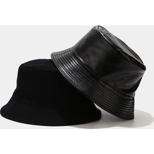 Red Black Retro PU Leather Two Side Reversible Bucket Hat for Men Women Outdoor Sun Visor Hat Bob Cap Unisex Casual Solid hat