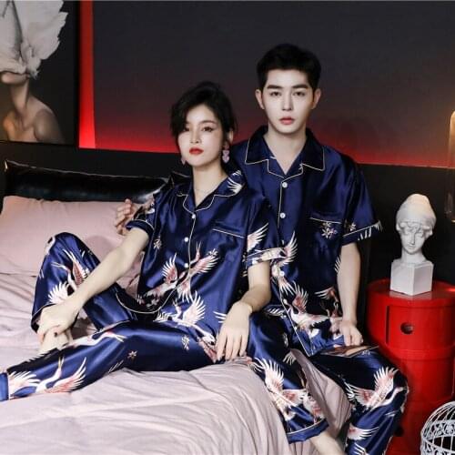 Short Sleeve Pant Couple 2PCS Pajamas Set M-5XL Spring Autumn Print Sleepwear Faux Silk Loose Homewear Summer Big Size Nightwear