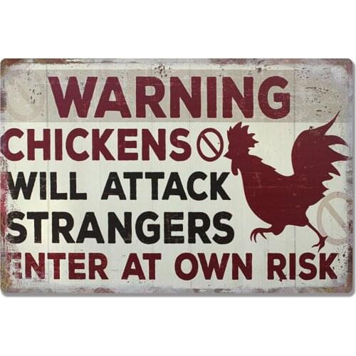 Warning Chickens Will Attack Strangers Enter at Own Risk Funny Vintage Metal Tin Sign Rural Retro Rooster Plaque Farm Home Wall