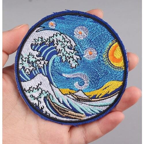 Pulaqi Wave Applique Adventure Badges Iron On Patches For Clothing Van Gogh Embroidered For Clothing Natural Patches On Clothes