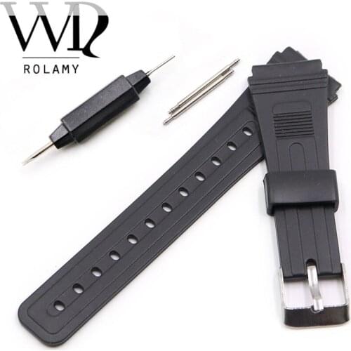 Rolamy 20mm Watch Band Strap Silicone Rubber Straight End Men Lady Black Replacement Loop With Silver Polished Pin Buckle