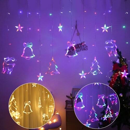 Christmas LED Curtain Lights Bell Deer Xmas Tree Stars 8 Lighting Modes Twinkle String Lights Home Decor Bedroom Wall Lights D30