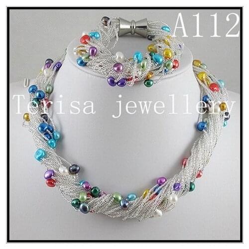 Handmade Genuine Pearl Necklace Bracelet Jewelry Set Multicolor 7-8mm Freshwater Pearl 24rows Magnet Clasp Perfect Women Gift