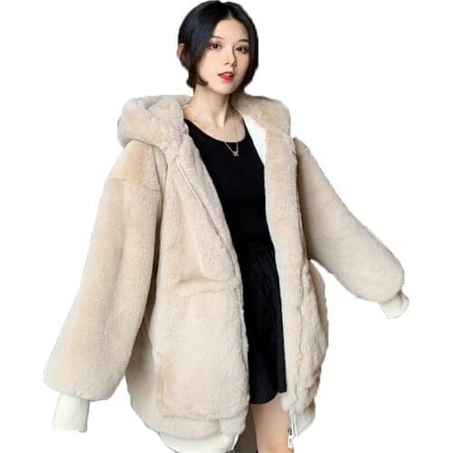 2021 Fur Coat Womens Winter New Casual Fashion Zipper Temperament Pockets Hooded Thickened Loose Apricot Faux Fur Jacket N1280