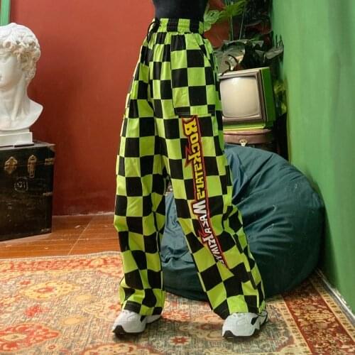 Street hip-hop Harajuku Retro checkerboard handsome loose BF large-size wide-legged overalls spring women men pant trousers