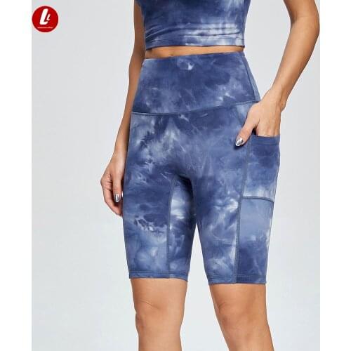 Tie-dyed Sports Short Women Gym With Pocket Running Yoga Leggings NO Front Seam High Waist Printing Fitness Biker Capris