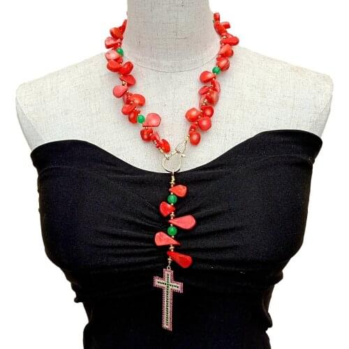 YYGEM Mary Blessing Rosary Prayer Necklace Red Coral fan Green Jade Rosary Prayer Necklace