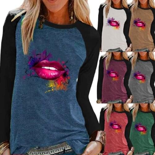 Womens Fashion Autumn Casual Round Neck Loose Lips Printing Long-sleeved Shirt Raglan Sleeves Plus Size T Shirt XS-5XL
