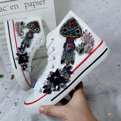 High top new canvas shoes womens personality fashion handmade diamond rocket launcher flat bottom lace casual womens shoes