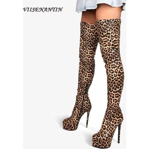 New Leopard Print Stiletto Graffiti 15cm Super High Heel Stretch Boots Snake Print Sexy Red Over-the-knee Boots Plus Size