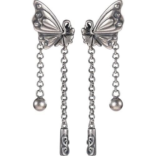 S925 sterling silver stud earrings retro personality art temperament butterfly tassel womens white eardrop earrings
