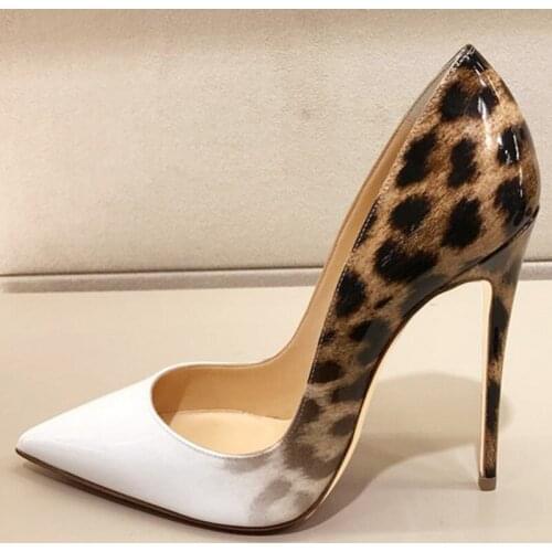 Stylish Gradient Leopard Women Shoes Pointed Toe Print Leather Patchwork High Heel Dress Shoes 12cm Stiletto Heel Shallow Pumps