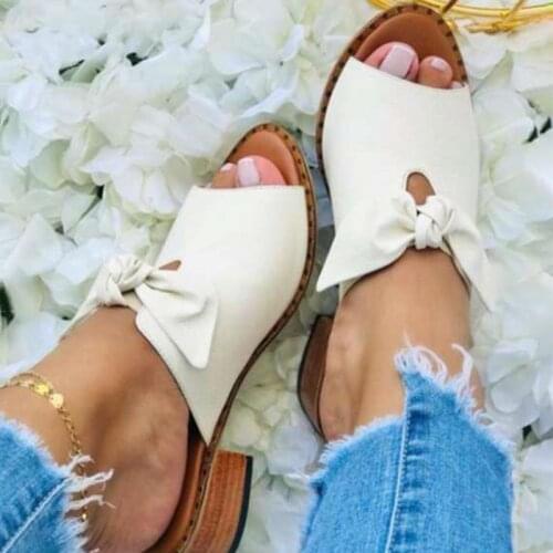 2021 Women Bow Square Heels Slippers Female Peep Toe Elegant Simplicity Shoes Ladies Fashion Summer Casual Footwear Plus Size
