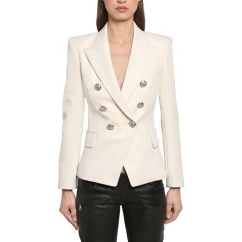 2020 Womens Blazer Thick Fabric Double-breasted Silver Button Slim White Black Blue Khaki Office Ladies Blazer Jacket Women