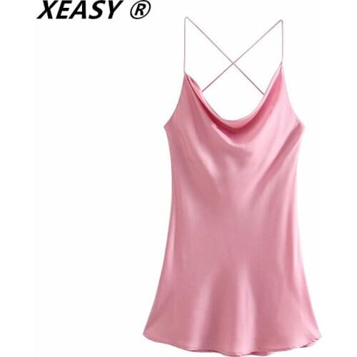 XEASY Za Dress Women Pink Satin Short Dresses Summer Woman 2021 Backless Spaghetti Strap Sexy Dresses Ladies Club Night Dress