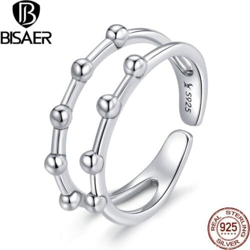 Bisaer Genuine 925 Sterling Silver Bean Bead ring for Women Band Engagement Statement Wedding Jewelry Anel ECR719