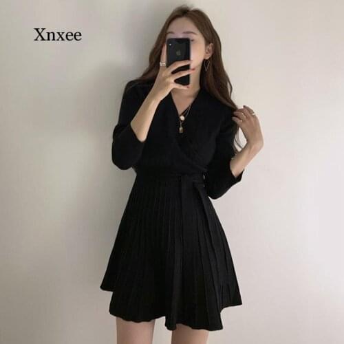 Stylish V-Neck Lace Up Knitted Dress Women Full Sleeve Office Ladies a Line Sweater Dress Female Knitting