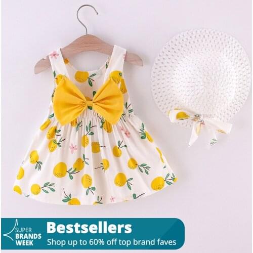 2 Years Girls Dresses Sleeveless Oranges Print Princess Dress Bow Round Neck Hat Outfits Children Dresses Girls Платье 2021
