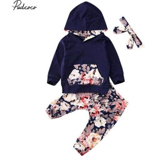 2019 Brand 0-24M Toddler Baby Girls Kids Clothes Flower Pocket Hood Tops Sweatshirt Pants Headband 3Pcs Autumn Winter Outfits