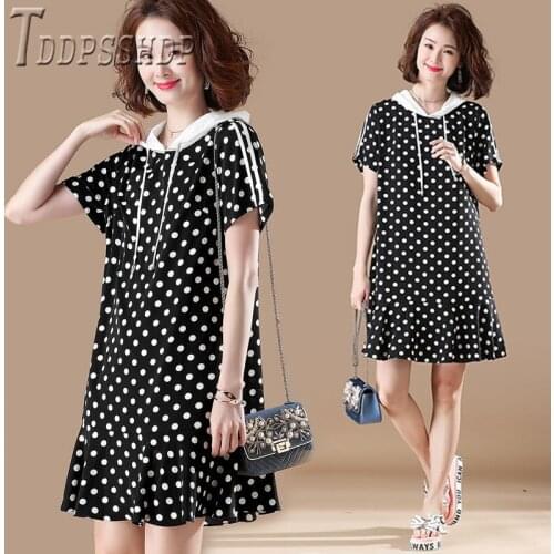 2020 New Summer Short Sleeve Hooded Chiffon Women Dress Polka Dot Loose Female Dresses