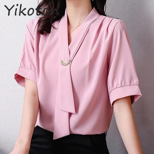 2021 Summer Blouse Shirt Fashion Short Sleeve Elegant Work Wear Chiffon Casual Pink Shirts Top Japan Korean Style Plus Size 5XL