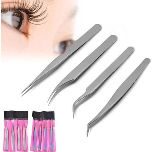 4pcs Eyelash Extension Tweezers High Precision Straight Resistant Curved Pointed Stainless Wear-resistant Steel Lashing Tweezers