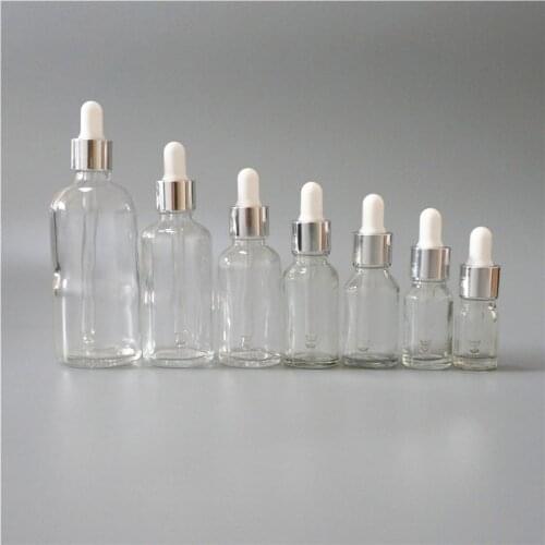 5/10/15/20/30/50/100ml Reusable Clear Essential Oil Bottle White Rubber Head Dropper Silver Cap Cosmetic Refillable Container
