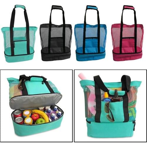 Large Mesh Beach Cooler Bag Outdoor Camping Picnic Bag Storage Bag Drink Food Cooler Tote Bag Thermal Insulation Lunch Box