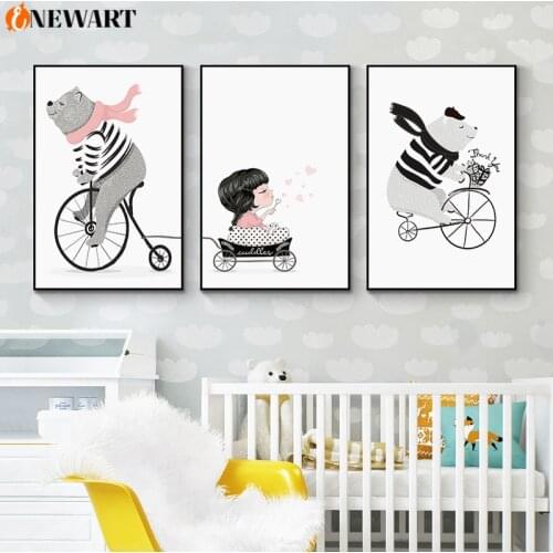 Baby Nursery Cartoon Canvas Painting Poster Print Bicycle Bear Little Girl Wall Art Decorative Picture for Kids Bedroom Decor