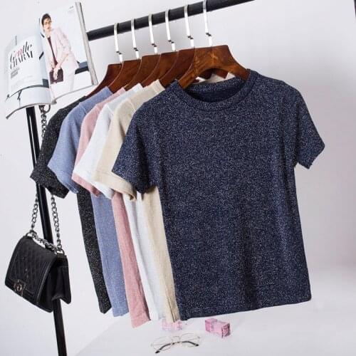 Shintimes New Summer Knitted T Shirt Women Casual Short Sleeves T-Shirt Breathable Elasticity Kintwear Tshirt O-Neck Female Tops