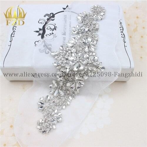 FZD 30 Pieces Wholesale Handmade Rhinestones Sewing on Crystal white Gauze Applique Rhinestone Trim for Wedding Bridal Dress