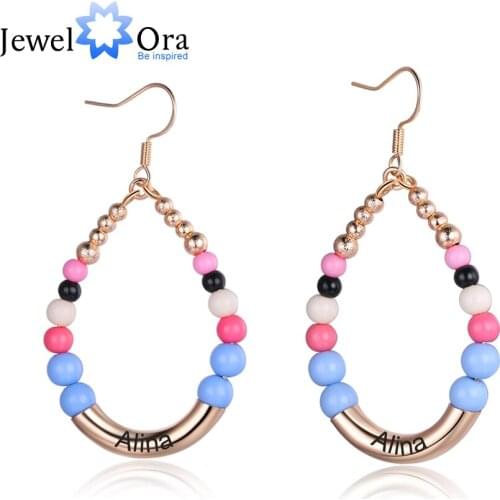JewelOra Designer Personalized Name Engraved Bohimian Earrings for Women Ladies Colorful Beads Water Drop Statement Earrings