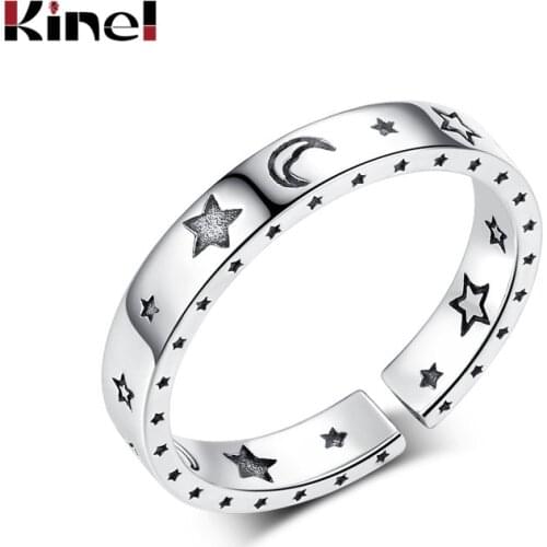 Kine Genuine 925 Sterling Silver Star Moon Rings for Women Stackable Opening Silver 925 Ring Wedding Romantic Jewelry Gifts