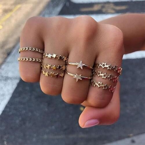 10 Piece Rhinestone Rings Set Hollow Five Pointed Star Simple Ring Set Golden Minimalist Rings Luxuri Design Fashion Ring