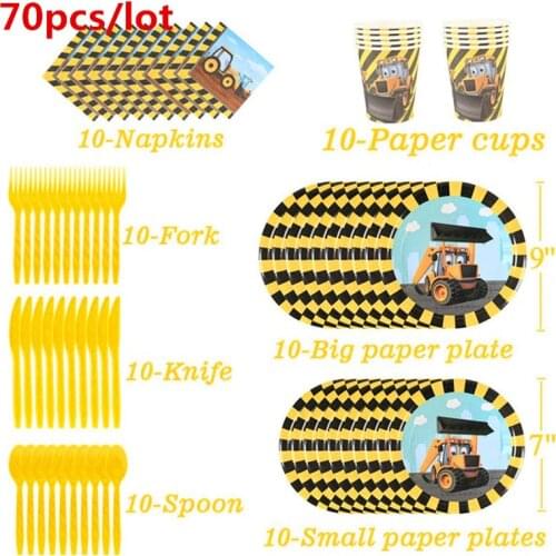 70pcs Cartoon Tractor Excavator Party Disposable Tableware Set Paper Plate Cup Straw Kids Birthday Party Baby Shower Decoration