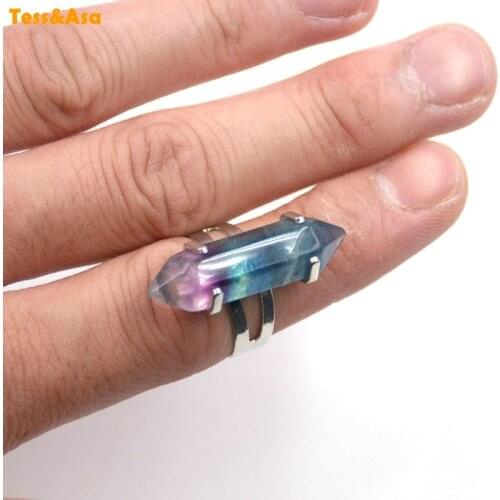 Natural Rainbow Fluorite Crystal Resizable Retro Style Finger Ring May Silver-Color Ring Tail Ring For Lover Women Sister Gift
