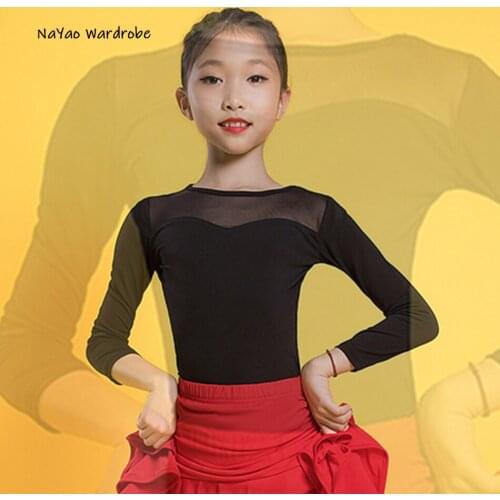 2021 New G1066 Kids Latin Dance Tshirt Long Sleeve Patchwork Girl Latin Dancing Clothes Belly Ballroom Tango Dresses