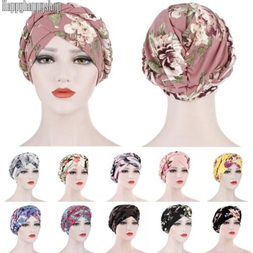 New Style Women Women Floral Print Braid India Hat Muslim Turban Wraps Ruffle Headband Ladies Hair Care Chemo Cap Bandanas Hats