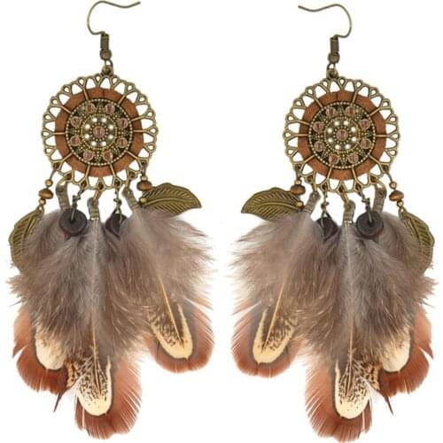 New Style Dream Catcher Vintage Big Hollow Metal Flower&Leaf Bohemia Earring For Women Long Feather Tassels Earrings Jewelry