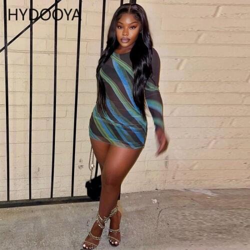 Print Bodycon Mini Party Dress Women Long Sleeve Sheath Slim Transparent Sheer Mesh Dress Elegant Vintage Night Club Sexy Dress
